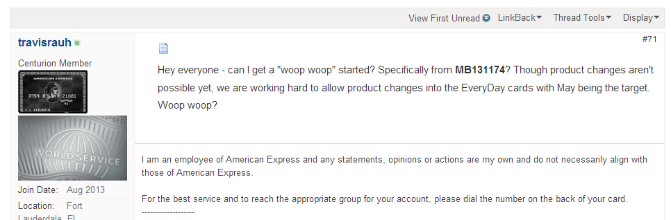 product change to AmEx