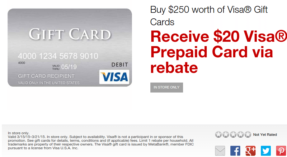 Staples 20 Visa Rebate with Purchase of 250 in Visa Gift Cards