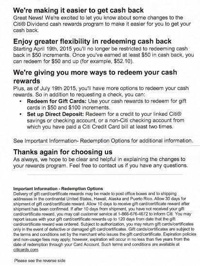 citi dividend cash redemption changes