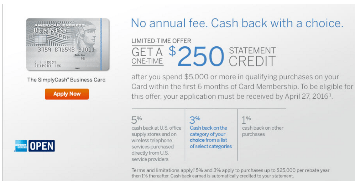 American Express Business SimplyCash Bonus 250 After 5,000 In Spend