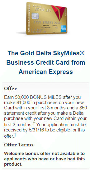 Gold Delta SkyMiles Business Credit Card from American Express 50,000 Miles + $50 Statement ...