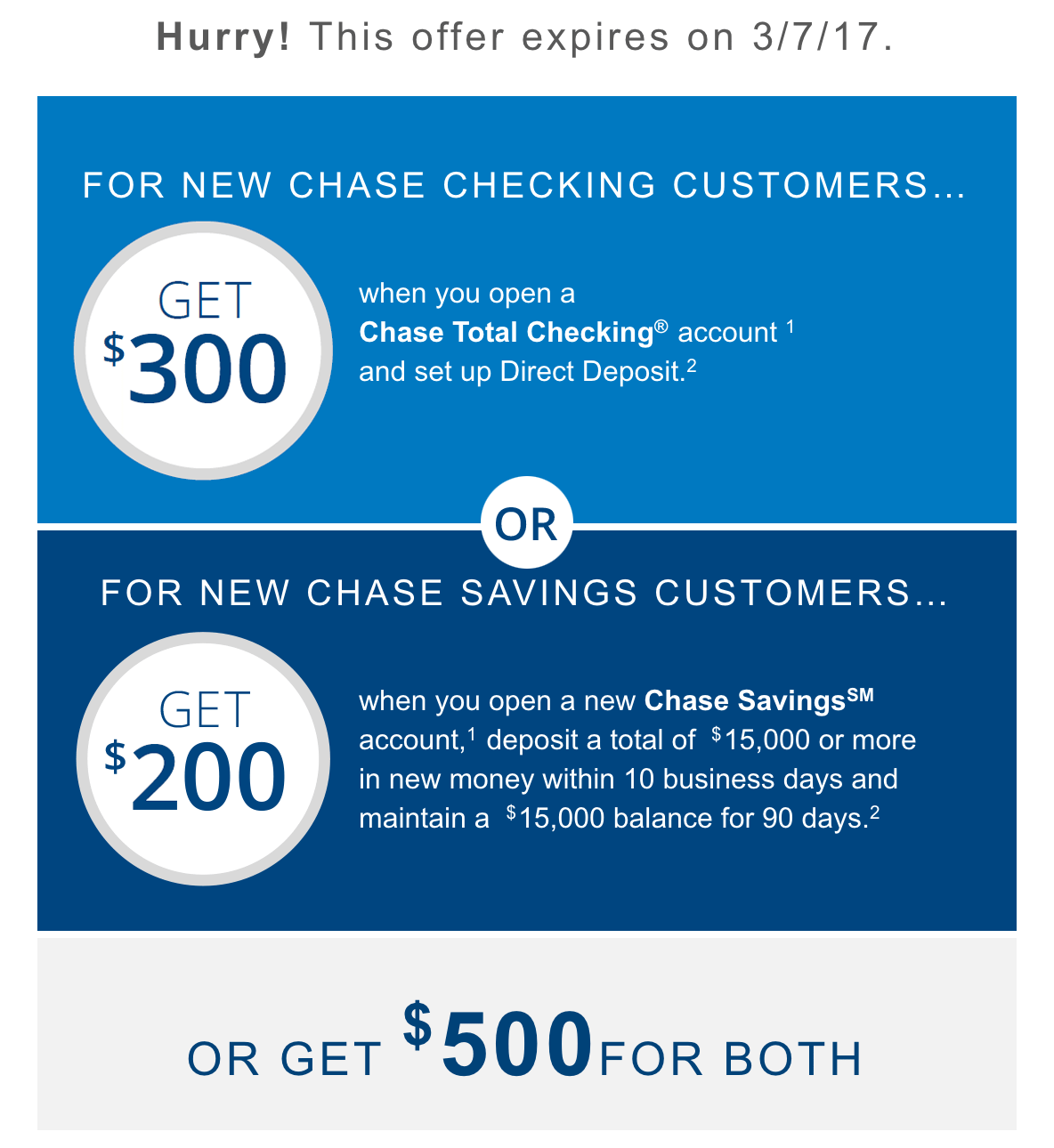 Account expired. Chase offers. Chase direct deposit Cash. Open New saving account.