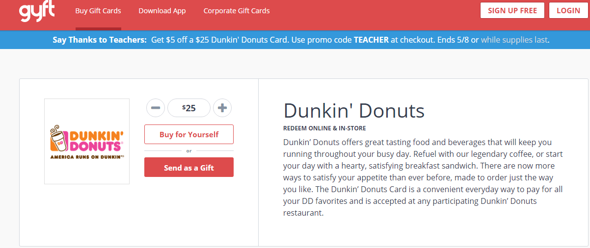 Gyft 25 Dunkin Donuts Giftcard For 20 5x On Ink Doctor Of Credit