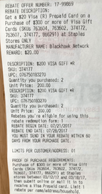 Ymmv Staples Purchase 300 In Visa Gift Cards Get Visa Gift Card 7 21 7 28 Not Found In Ad Doctor Of Credit