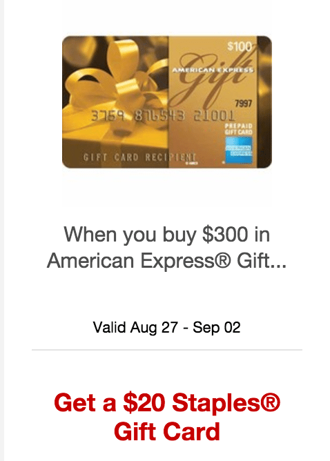 Staples: Buy $300 in Amex Gift Cards & Get $20 Staples Gift Card Rebate [8/27-9/2] - Doctor Of Credit
