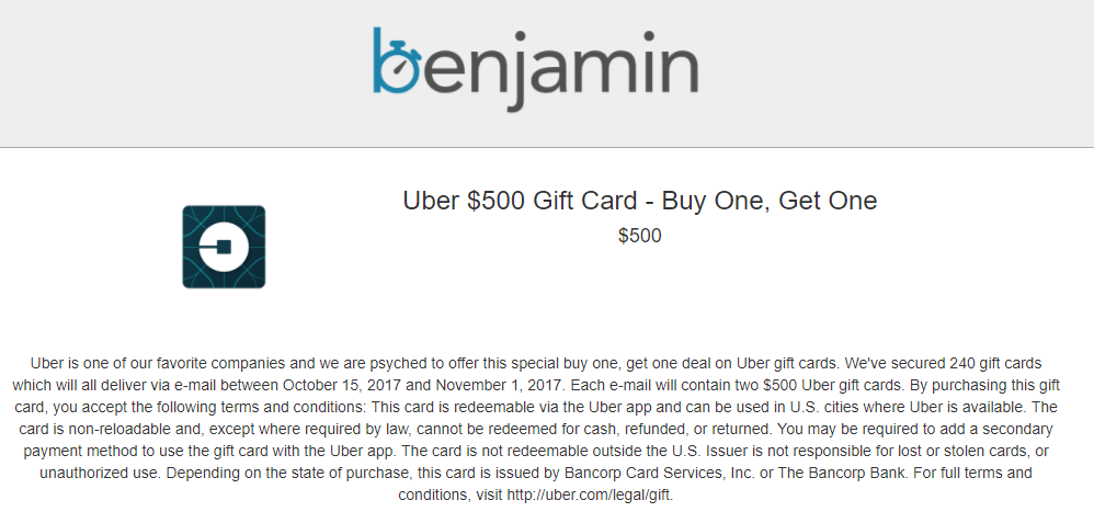 Expired Benjamin Buy 500 Uber Giftcard Get One Free Doctor Of Credit