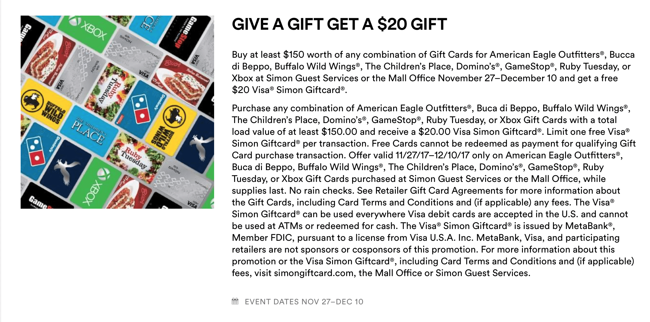 [Expired] Simon Mall Get 20 Visa Gift Card with 150 in Gift Cards