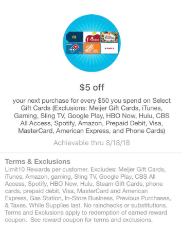 Meijer Mperks Is Offering A 5 Off Your Next Purchase For Every 50 You Spend Hundreds Of Gift Cards