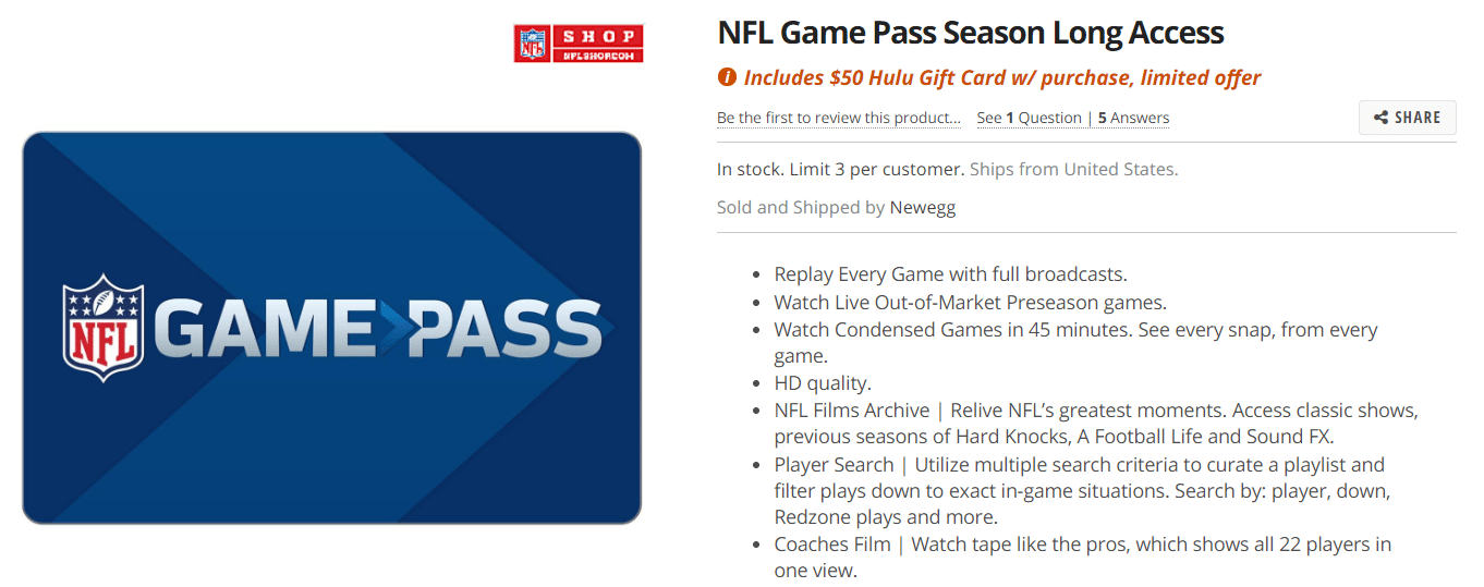 Newegg: NFL Annual Game Pass + $50 Hulu Giftcard For $99.99 - Doctor Of  Credit