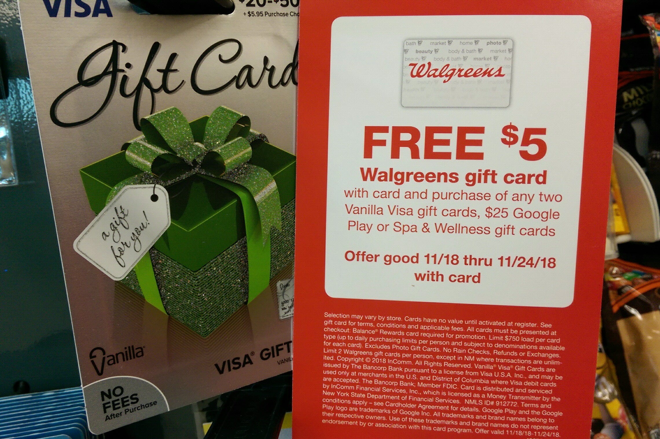 Get A Free 5 Walgreen S Gift Card With The Purchase Of Any Two Vanilla Visa Cards 25 Google Play Or Spa Wellness