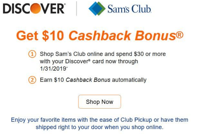 [Expired] [Targeted] Discover Spend 30 At Sam's Club & Get 10