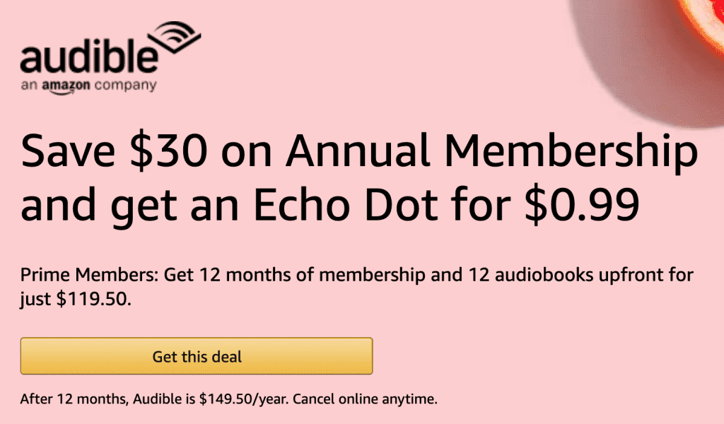 Amazon Prime Audible, Save 30 On Annual Membership + Echo Dot for .