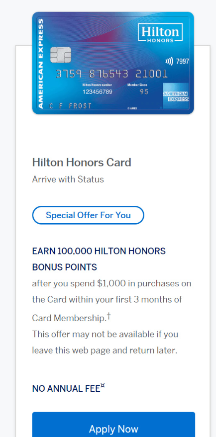 YMMV American Express Hilton Honors Card No Annual Fee Card 100,000 Point Offer - Doctor Of Credit