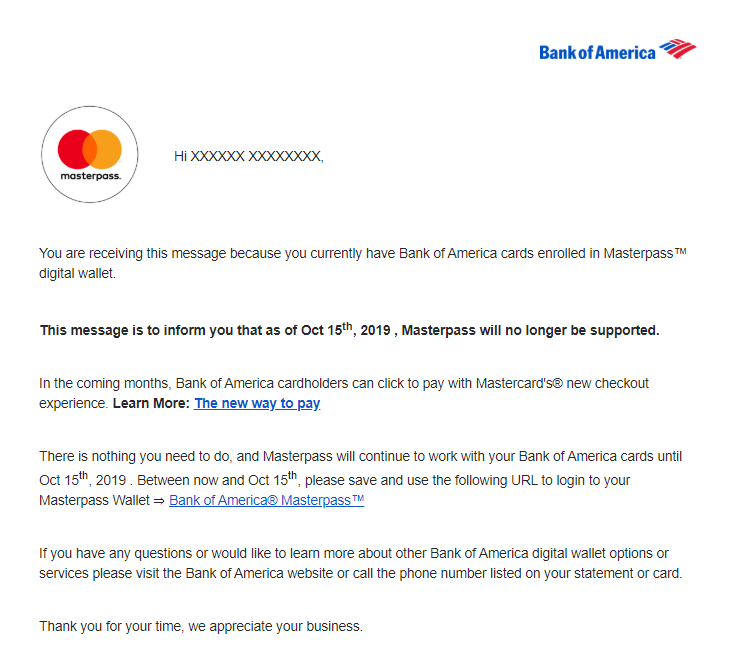 Bank Of America Masterpass To Be Discontinued On October 15th
