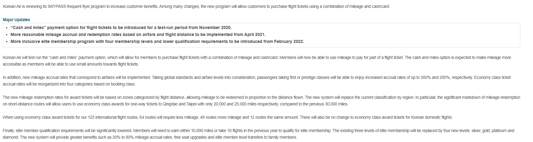 Korean Airlines Skypass Award Chart