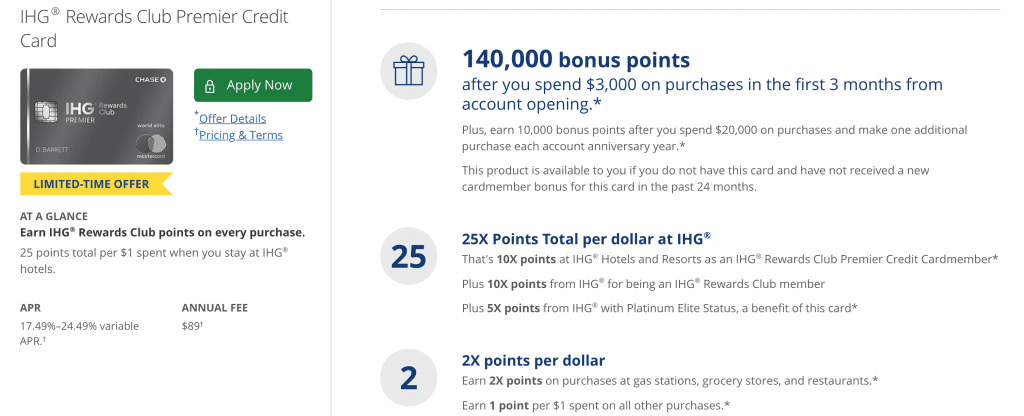 Chase Ihg Premier 140 000 Points Signup Bonus With 3 000 Spend