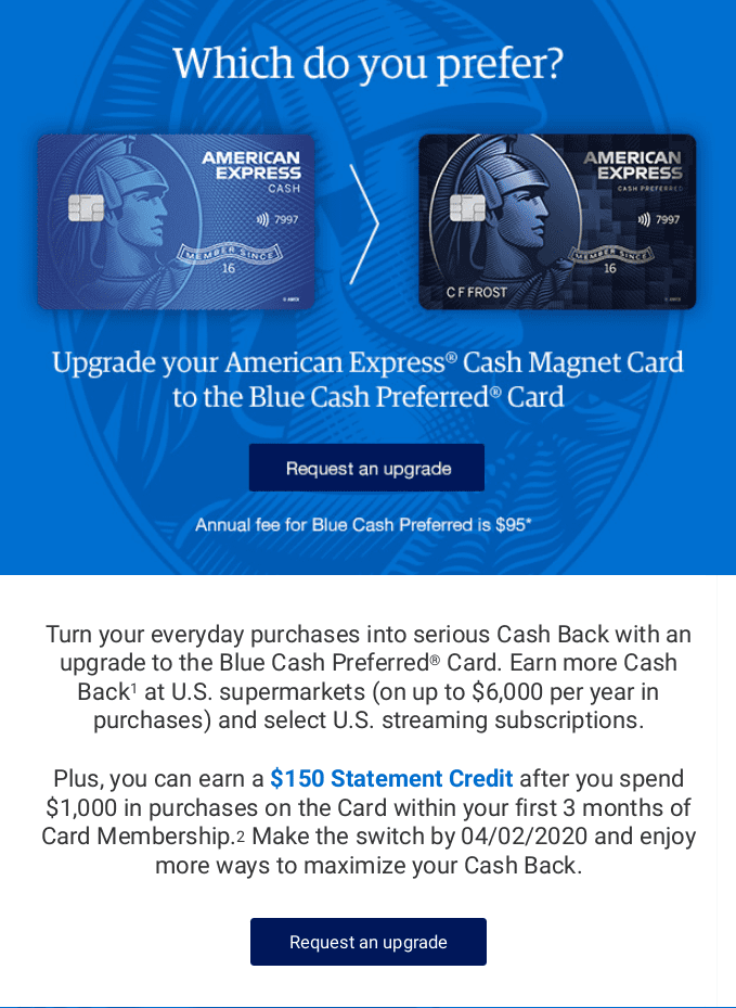 Targeted] American Express Cash Magnet To Blue Cash Preferred $150 Upgrade  Offer - Doctor Of Credit