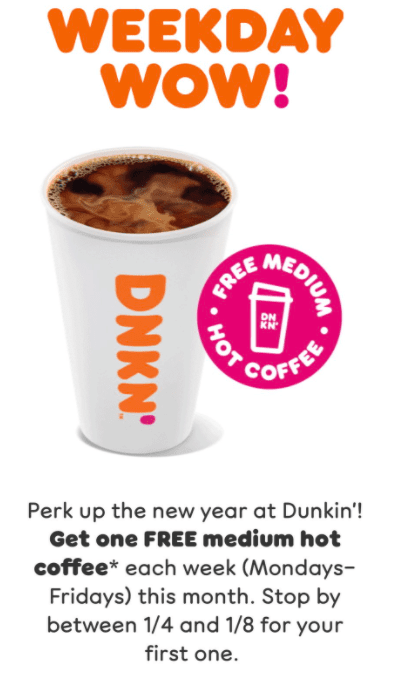dunkin free medium coffee