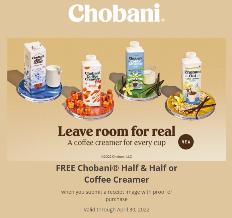 [Expired] Free Chobani Half & Half or Coffee Creamer After Rebate