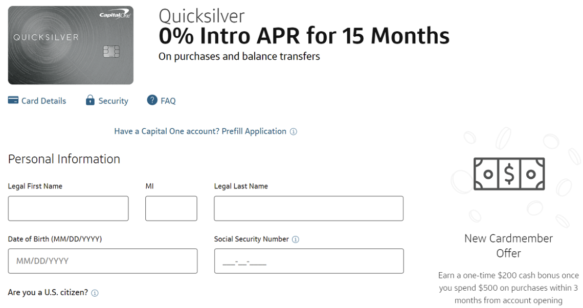 Capital One QuickSilver Increased Signup Bonus to 200 with 500 Spend (0 APR 15 Months