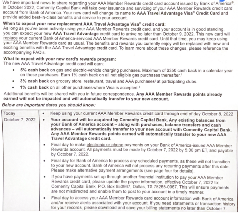 AAA Credit Card Transitioning From Bank of America To Comenity; New