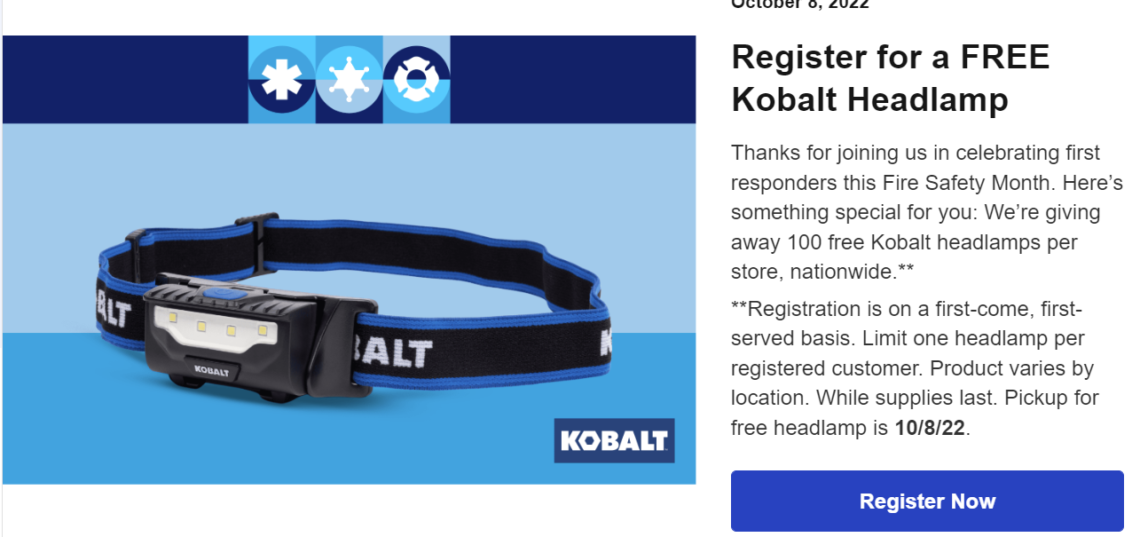 Lowe's Free Kobalt Headlamp (First 100 To Register Per Store) Doctor
