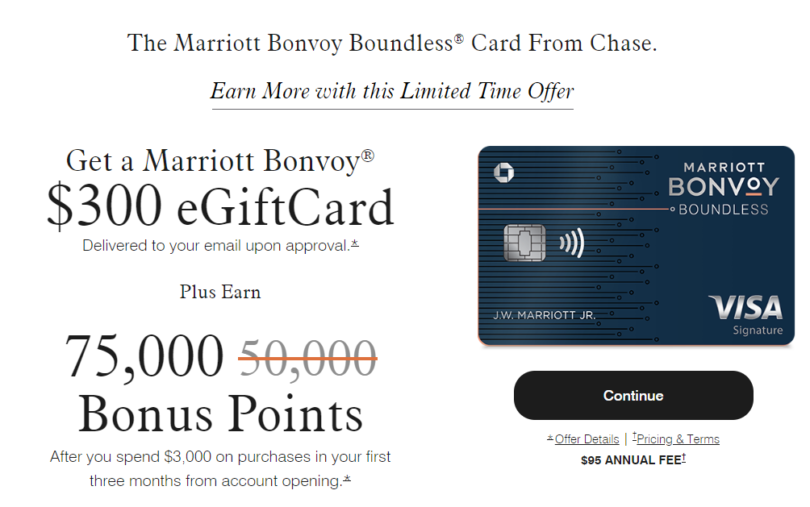 [In App] Chase Marriott Boundless 75,000 Points + 300 Giftcard Offer