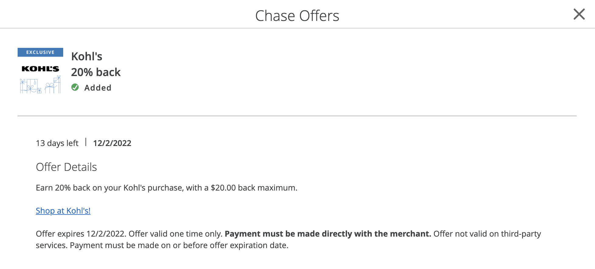 [Expired] Chase Offers Save 20 On Kohl's (Max 20; Third Party