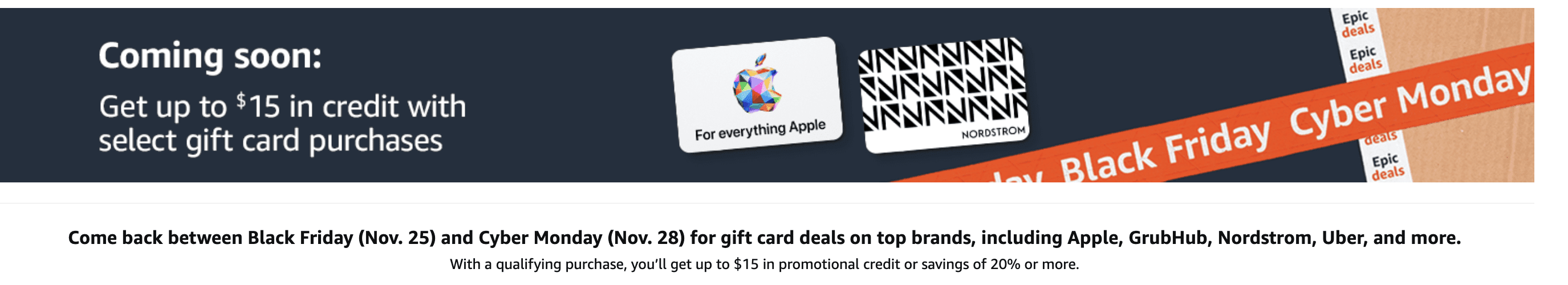 Up to $15 in FREE  credit with Cyber Monday gift cards from