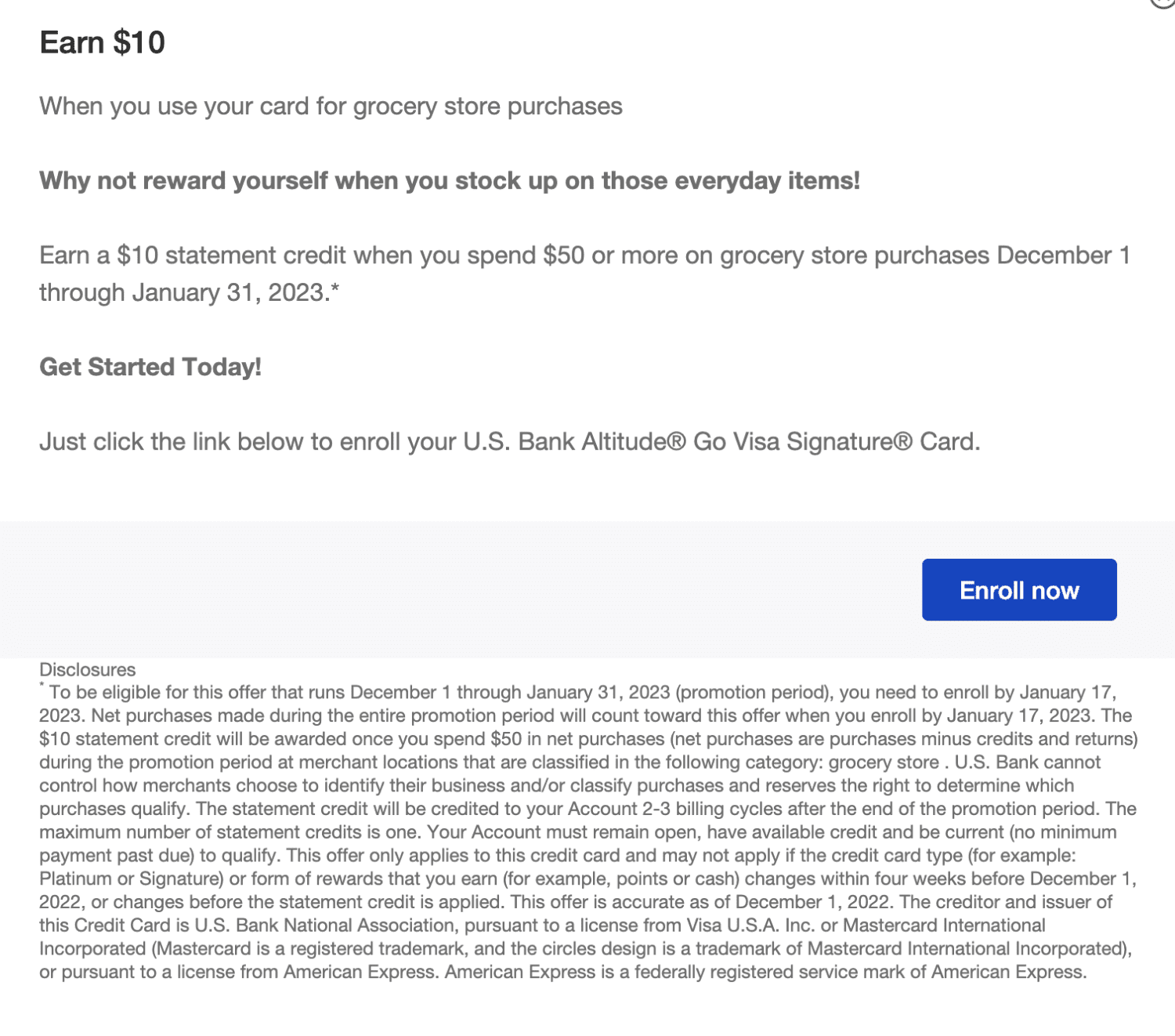 [Expired] [Targeted] U.S. Bank Cards Spend 50 On Grocery, Get 10