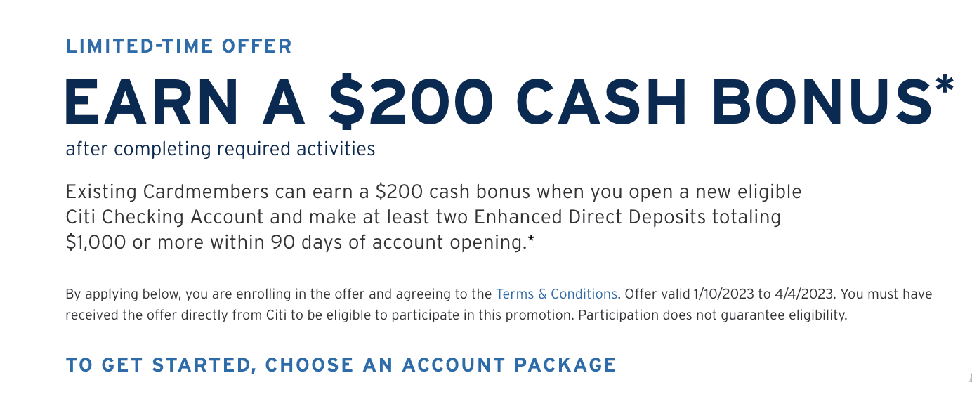 [YMMV] Citi Cardholders 200 Checking Signup Bonus With Direct Deposit