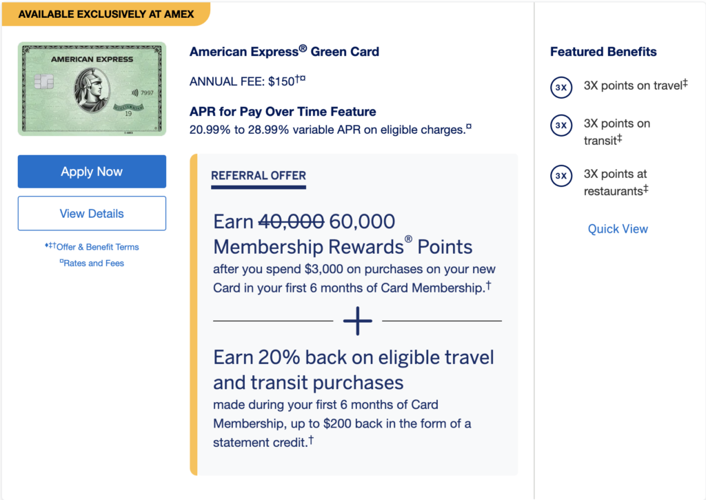 [Expired] American Express Green Card 60,000 + 200 Signup Bonus (Best