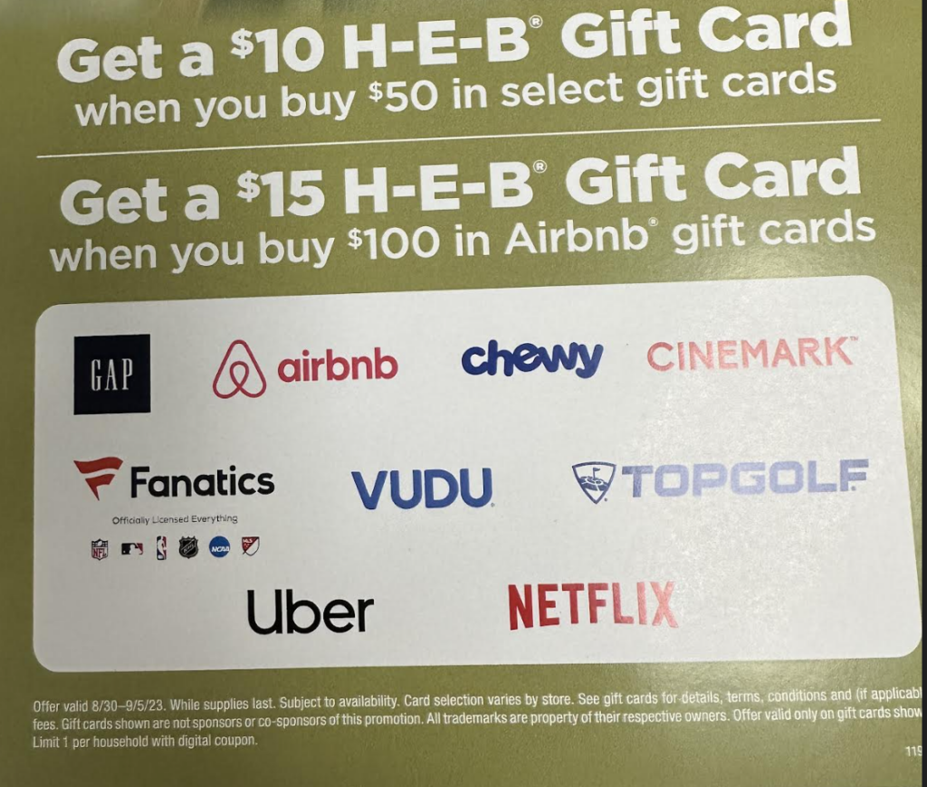 [Expired] HEB Buy 100 Uber or Airbnb Giftcard, Get 10/15 HEB