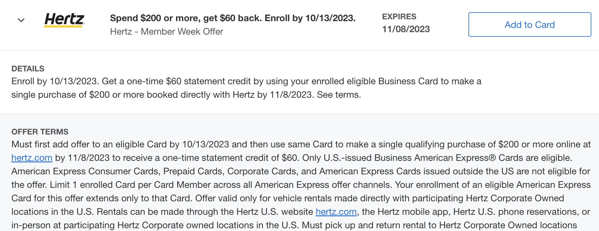 [Expired] AmEx Offers Hertz, Spend 200 & Get 60 Statement Credit