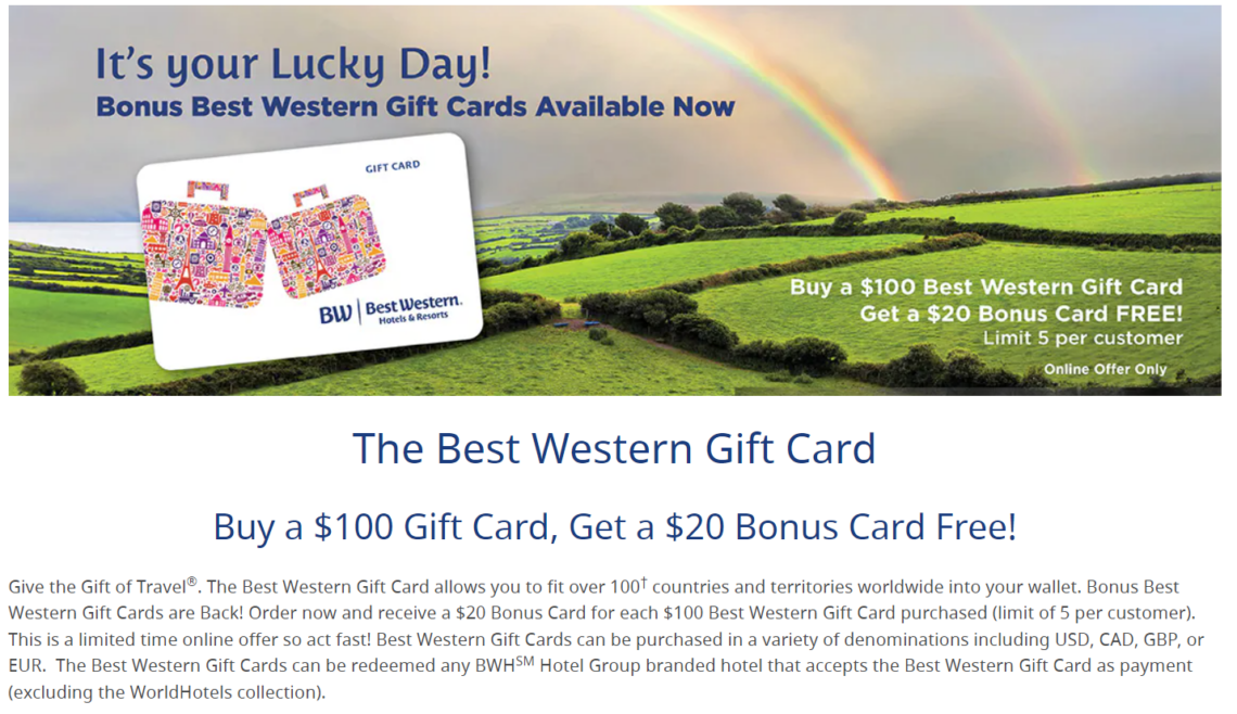 [Expired] Best Western Buy 100 Giftcard, Get 20 Bonus Card (Bonus