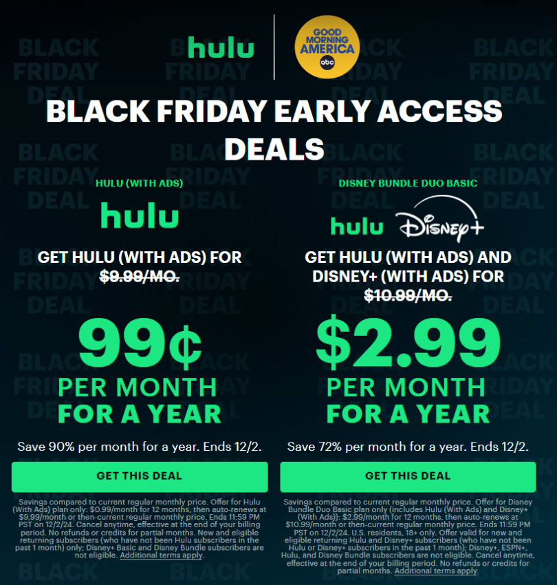 Hulu Black Friday Friday Deal .99/month For Up To 12 Months, Add