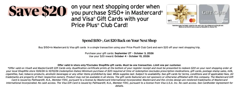 (9/27-10/3) ShopRite: Buy $150 Visa/MC Giftcard & Get $20 Shopping Voucher