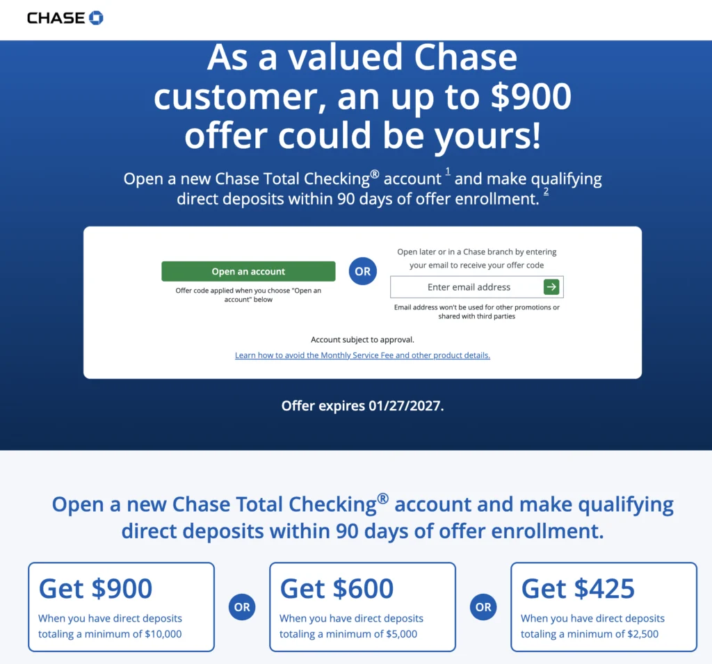 Chase $900 Checking Bonus ($10,000 Direct Deposit Required)